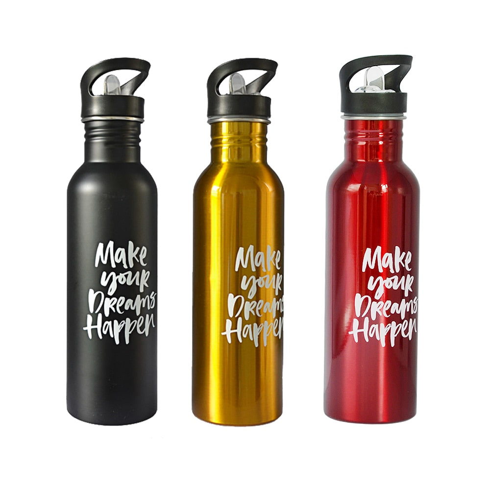 Single Wall Portable Sports Straw Water Bottles Stainless Steel Metal Outdoor Reusable Gym Bottle