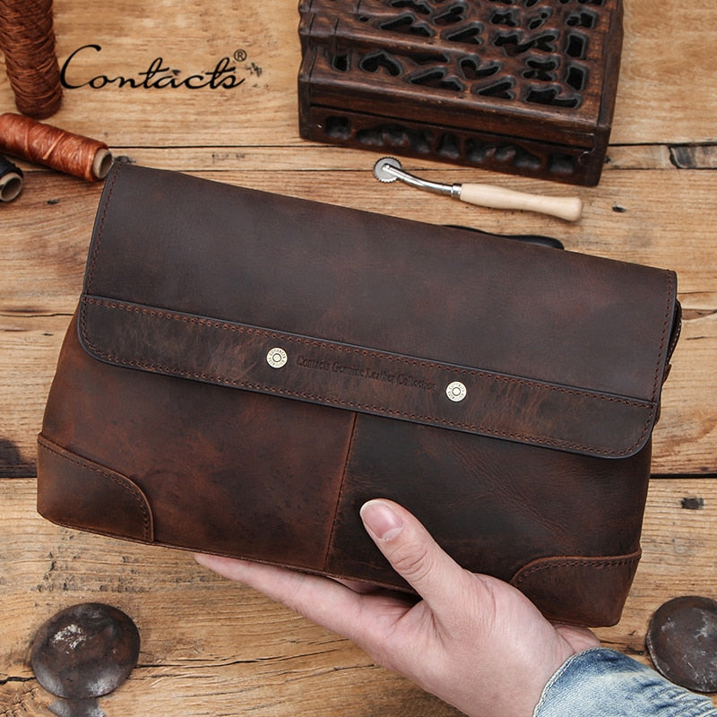 CONTACT&#39;S Men Clutch Bags Large Capacity Men Wallets Crazy Horse Leather Long Purse Male Multifunction Wallet Passport Cover