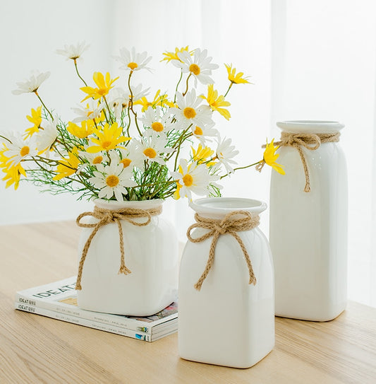 1pc Minimalist White Flower Vase Ceramic Vase with Hemp Rope Home Decoration Desktop Vase Dried Flower Container Pot