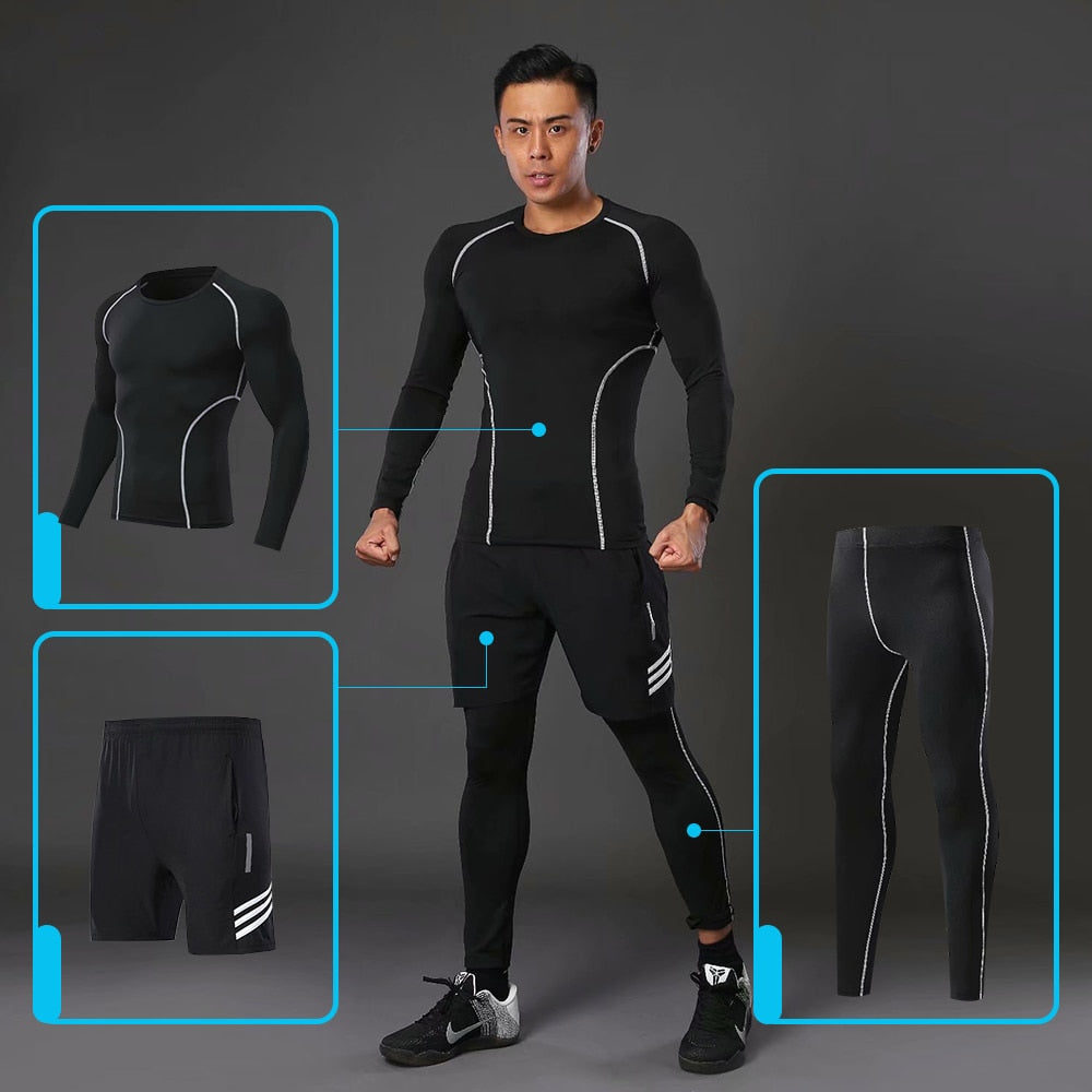 3pcs / Set Workout Male Sport Suit Gym Compression Clothes Fitness Running Jogging Sport Wear Exercise Workout Tights