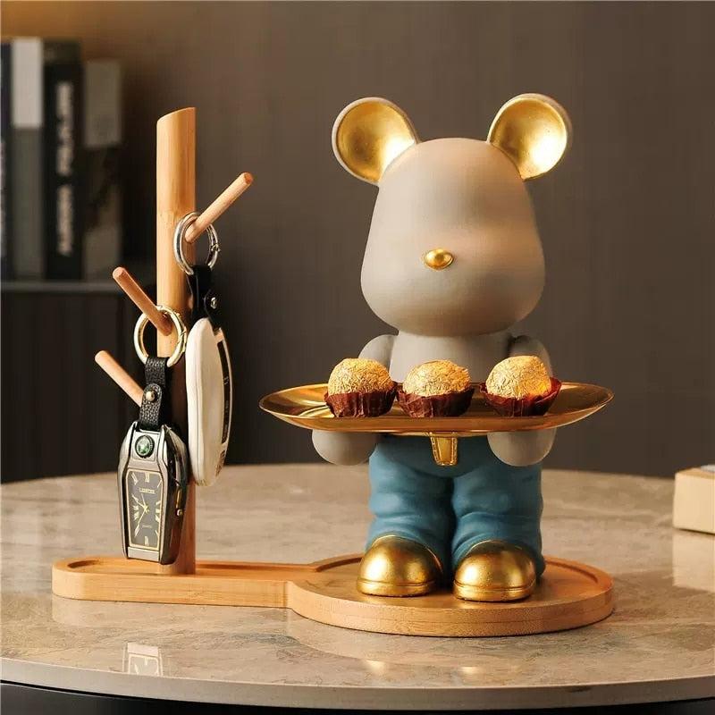 Nordic Creative Bear Storage Tray Sculpture Figurines for Interior Light Luxury Living Room Decoration Key Disk Candy Holder