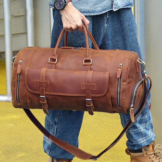 Vintage Fashion Handbags For Men Genuine Leather Travel Duffles Travelling Shoulder Bag Cowskin Hand Luggage Bags Large Duffle