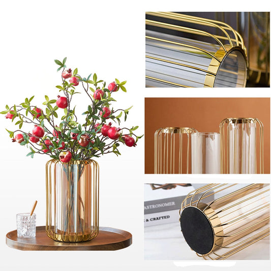 Golden Glass Vase Metal Flower Arrangement Decoration Lantern Water Storage Vase Model Home Modern Luxurious Room Decoration